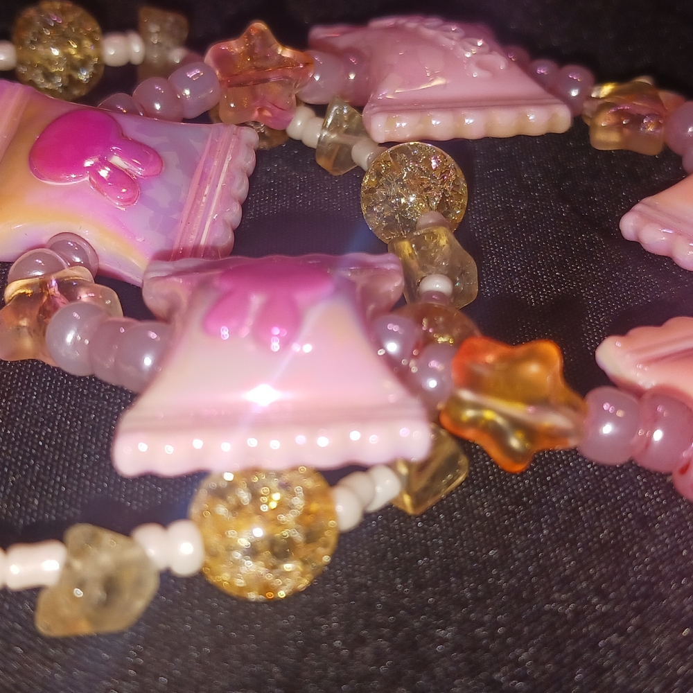 Pink and Gold Beaded Bracelet set with Candy Charms Bunny🐇 Heart♥️
